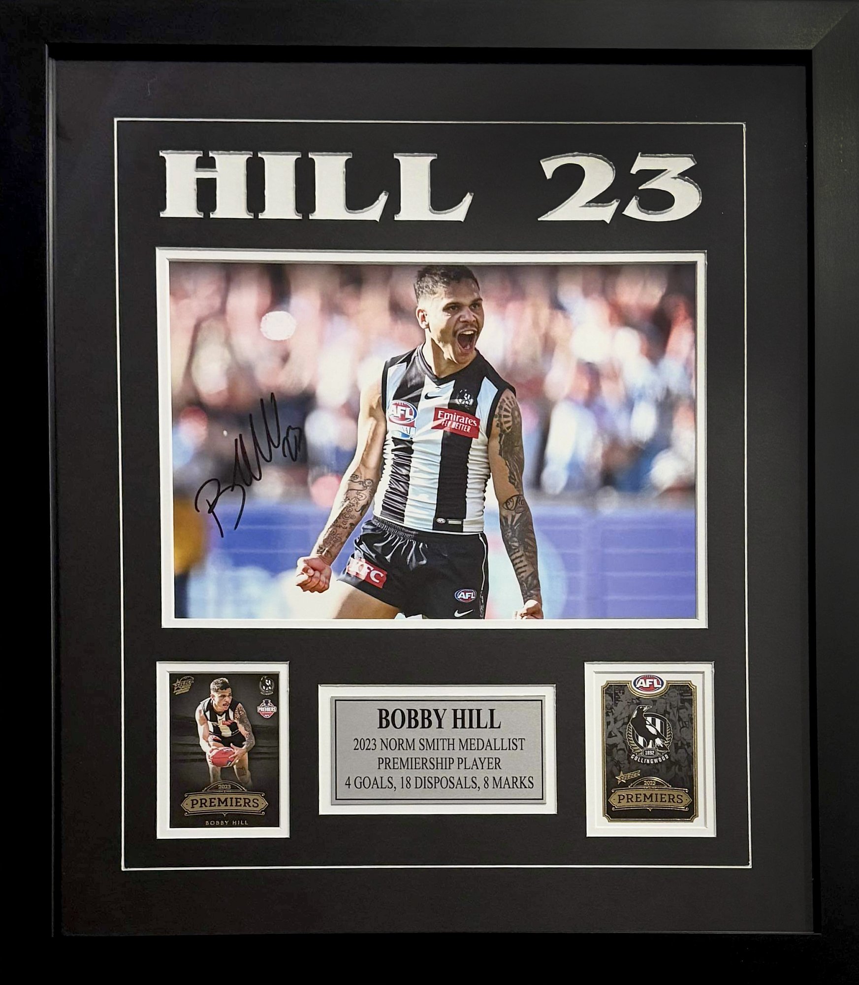 AFL 2023 Premiership - Collingwood Magpies - Bobby Hill - Framed and Hand Signed Print with 2 Cards and COA - S2 | Bobby_Hill_1.jpg