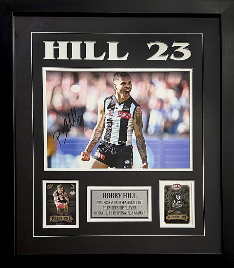 AFL 2023 Premiership - Collingwood Magpies - Bobby Hill - Framed and Hand Signed Print with 2 Cards and COA - S2