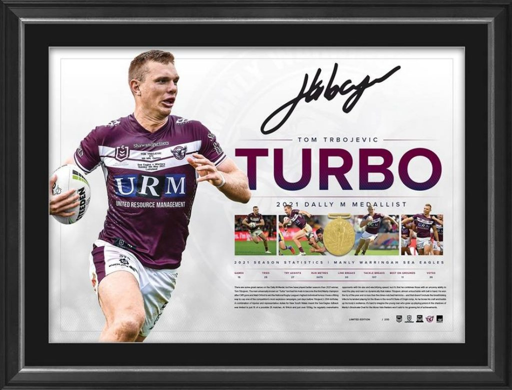 NRL – Manly Sea Eagles – Tom “Tommy Turbo” Trbojevic Dally M Signed & Framed Lithograph with COA - S1 | NRLMAN~1.JPG