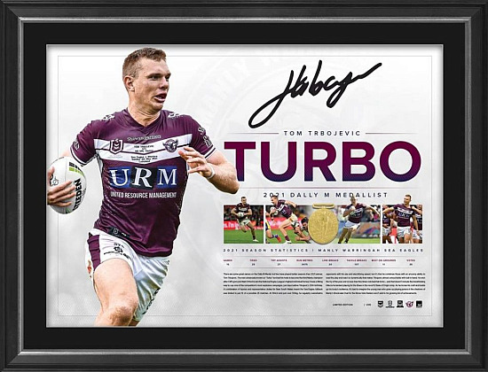 NRL – Manly Sea Eagles – Tom “Tommy Turbo” Trbojevic Dally M Signed & Framed Lithograph with COA - S1